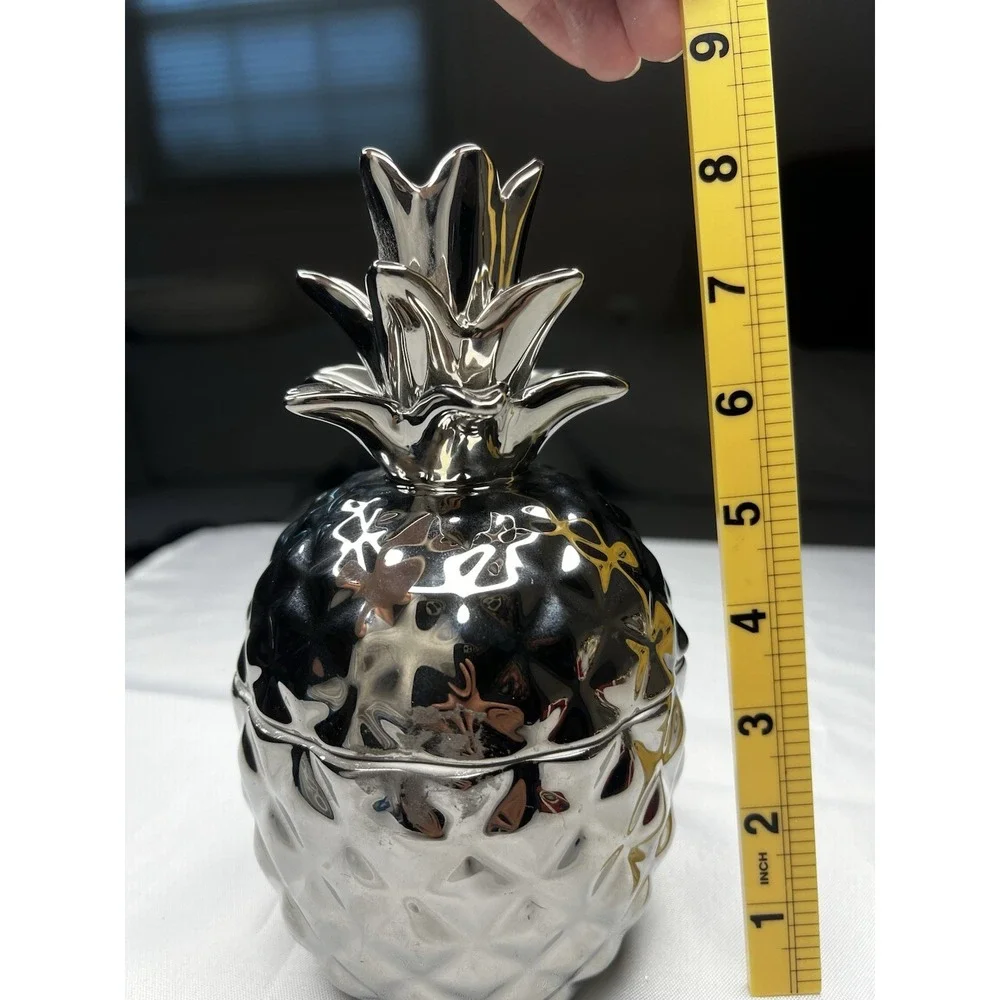 222 Fifth Hala Kahiki Silver Metalic  Pineapple Ceramic Lidded Canister Jar 8